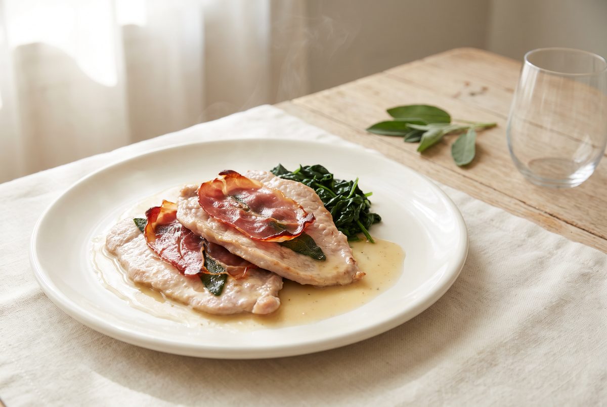 Two veal cutlets topped with prosciutto and sage leaves, served with spinach on a white plate.