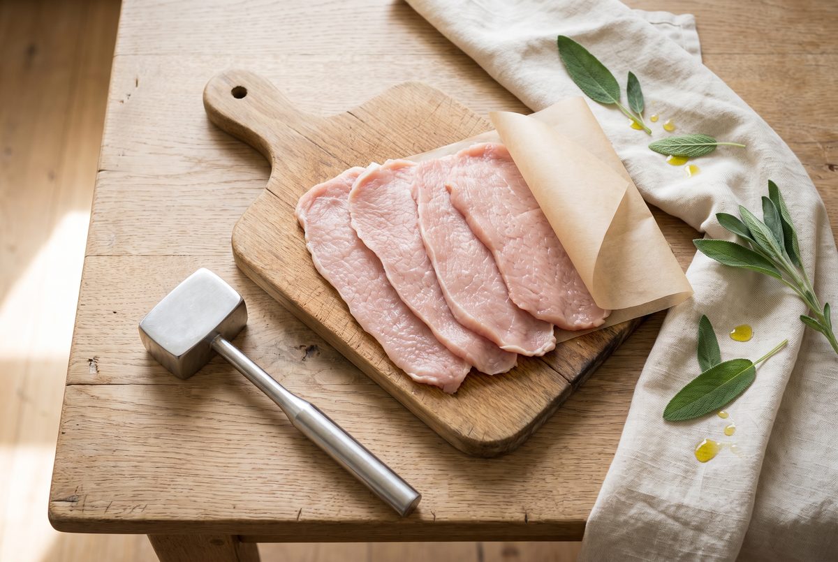 Pale veal cutlets pounded thin on a wooden board, one still between sheets of parchment
