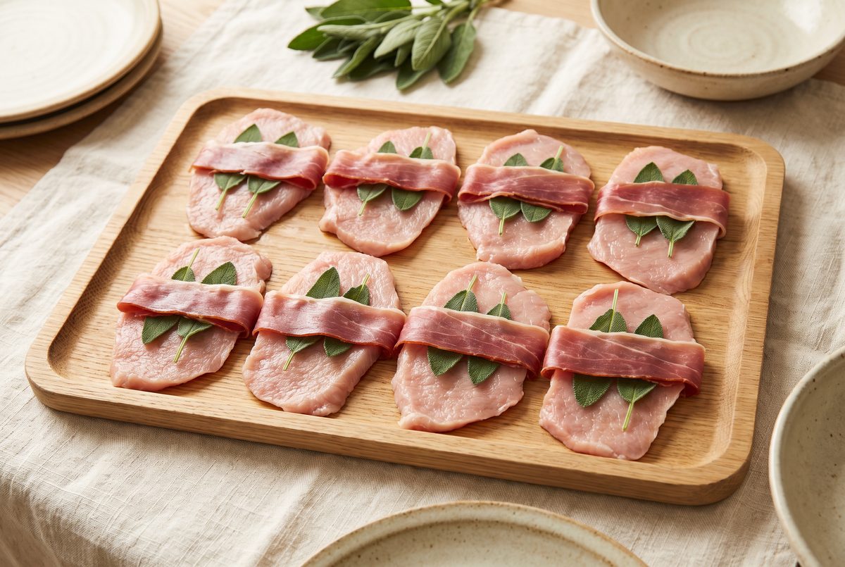Eight thin veal cutlets laid out on a wooden tray, each with sage leaves under a strip of prosciutto