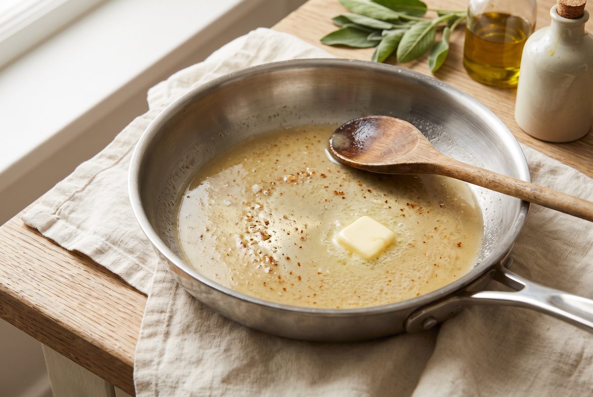 Glossy pale wine and butter pan sauce in a stainless-steel pan, wooden spoon resting against the rim