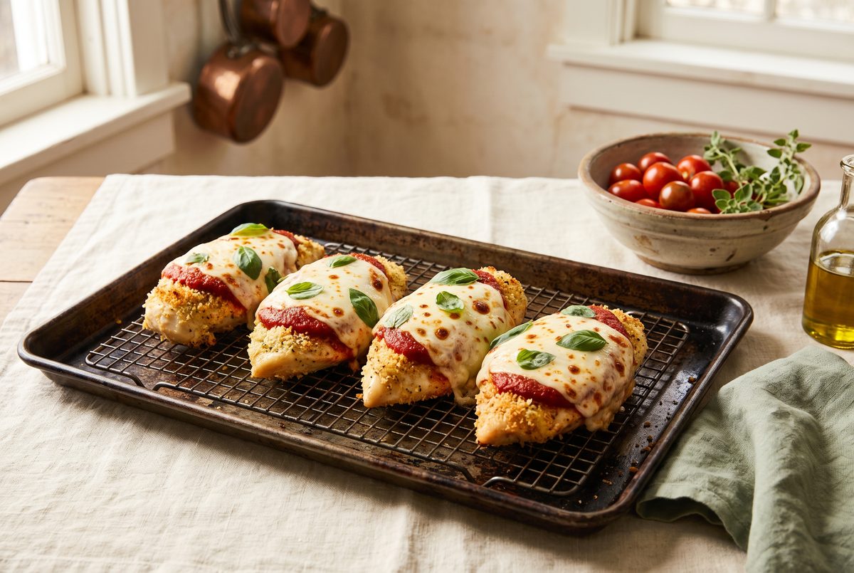 Four breaded chicken breasts with marinara, melted cheese, and basil on a baking rack, with tomatoes and olive oil in the background.