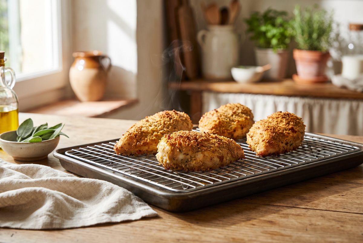 Baked chicken breasts with a golden, crisp crust, before saucing