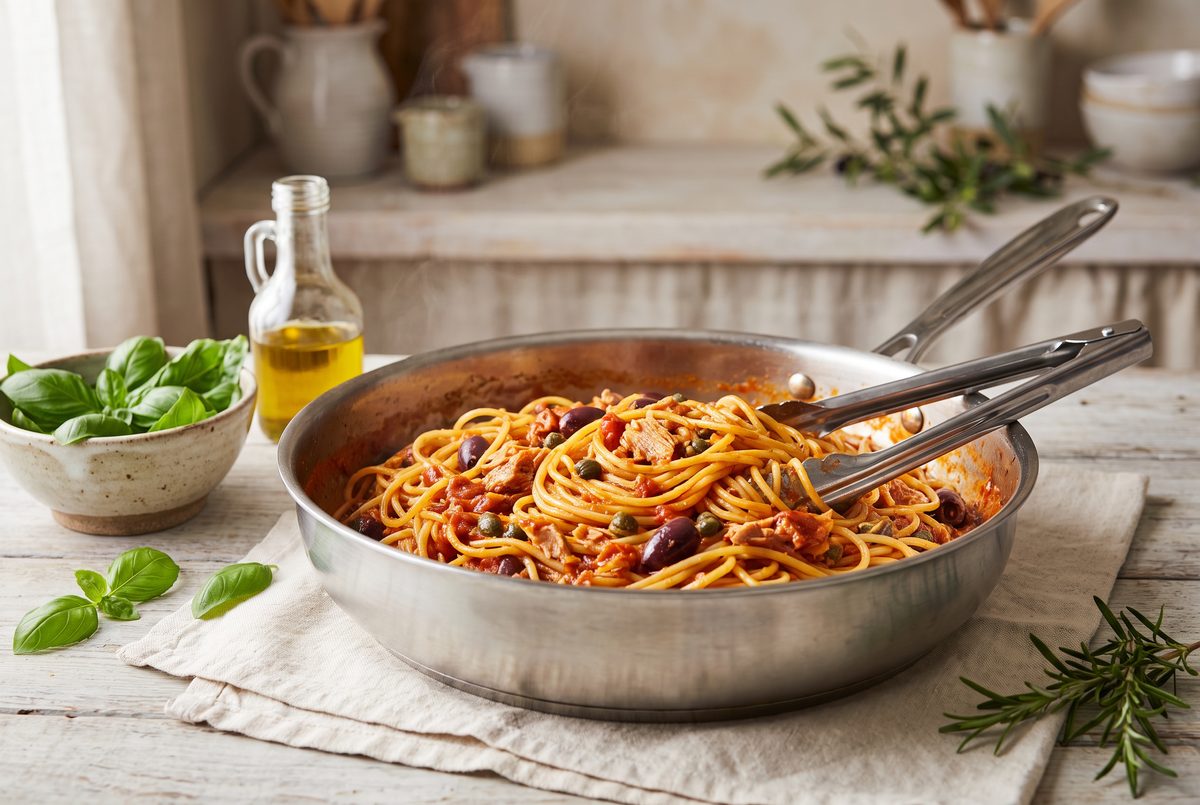 Spaghetti tossed in the tuna and tomato sauce until glossy and coated in a wide pan