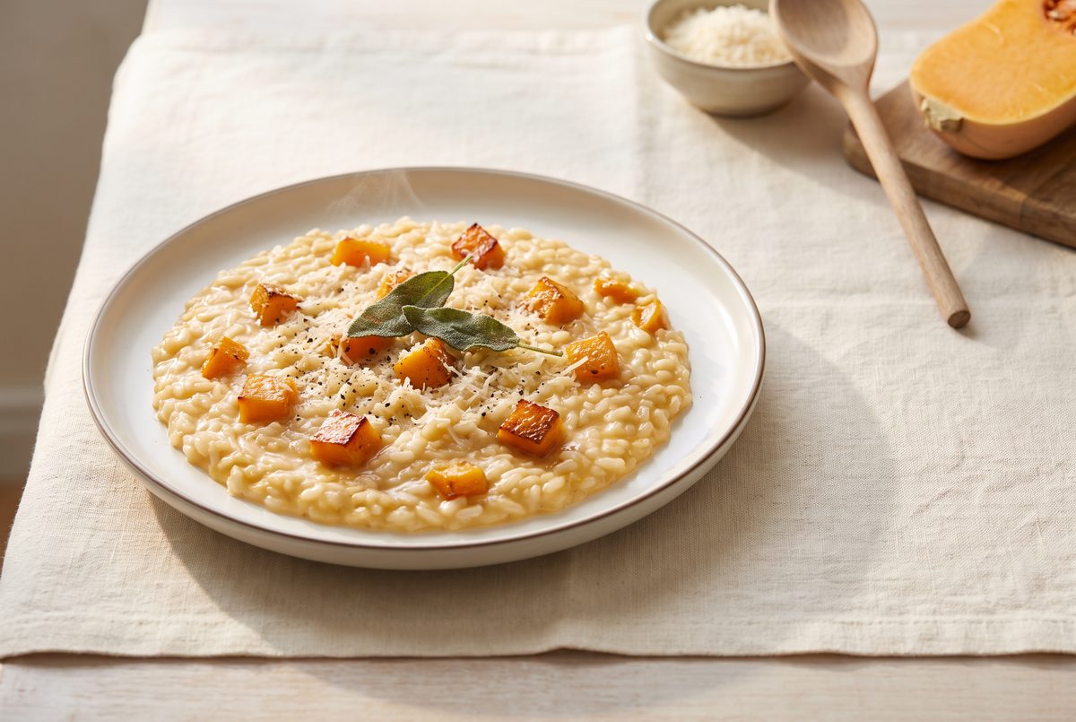 A steaming plate of creamy butternut squash risotto garnished with sage, grated cheese, and black pepper, with ingredients in the background.