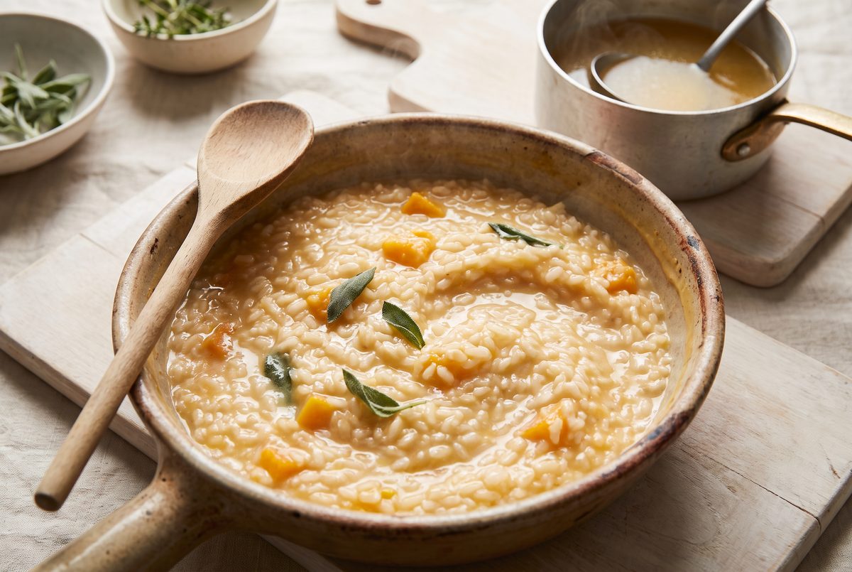 Orange-flecked risotto at the all'onda stage, loose and rippling, wooden spoon resting against the rim of the pot