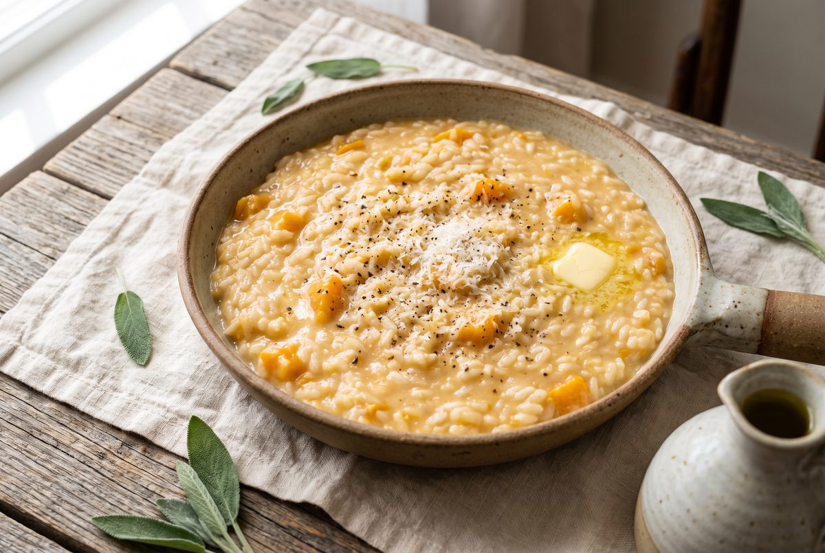 Finished risotto turned glossy and creamy after the butter and Parmigiano are beaten in off the heat