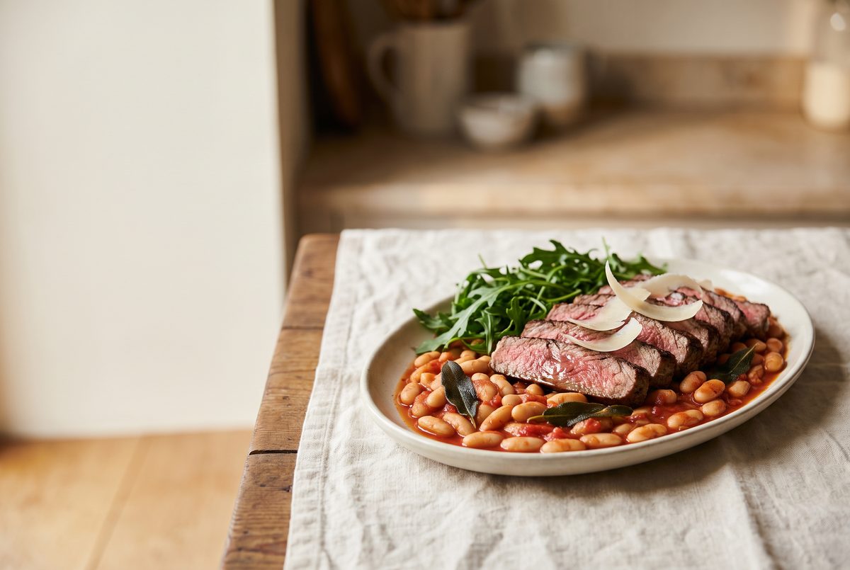 Sliced steak served over white beans in tomato sauce with arugula and shaved parmesan on a plate.