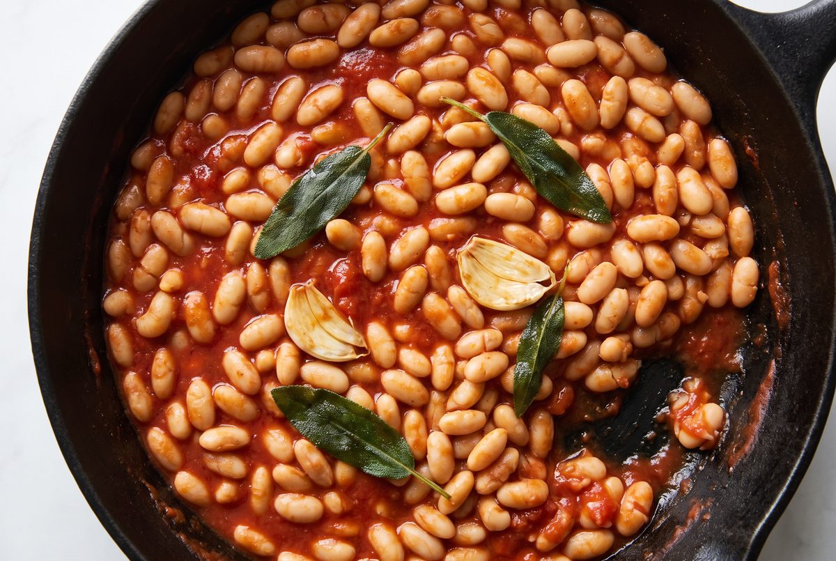 Cannellini beans in a dark enameled pan with whole garlic cloves and sage leaves, the tomato sauce reduced and clinging to the beans