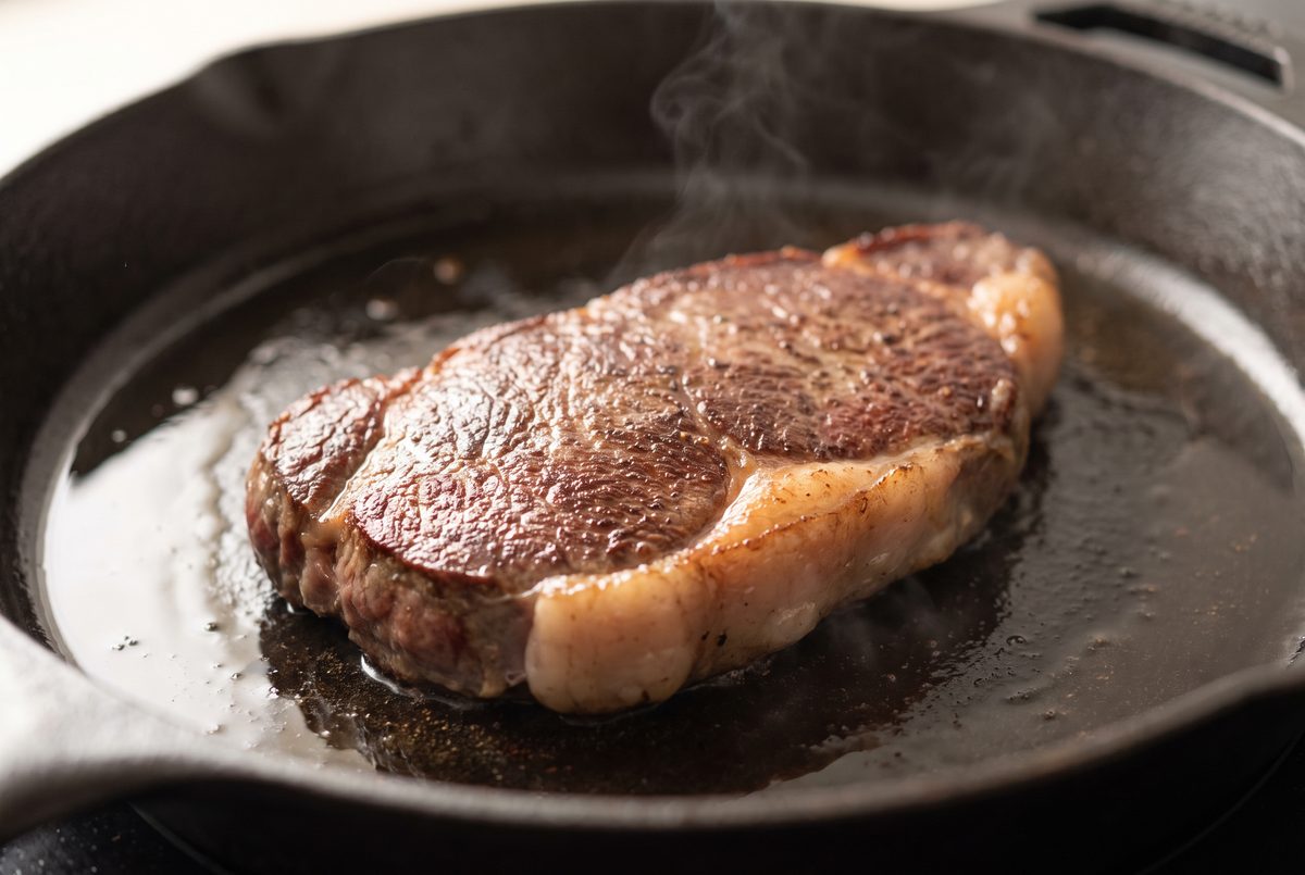 A thick sirloin steak with a deeply browned crust in a dark enameled pan, the surface dry and mahogany-colored