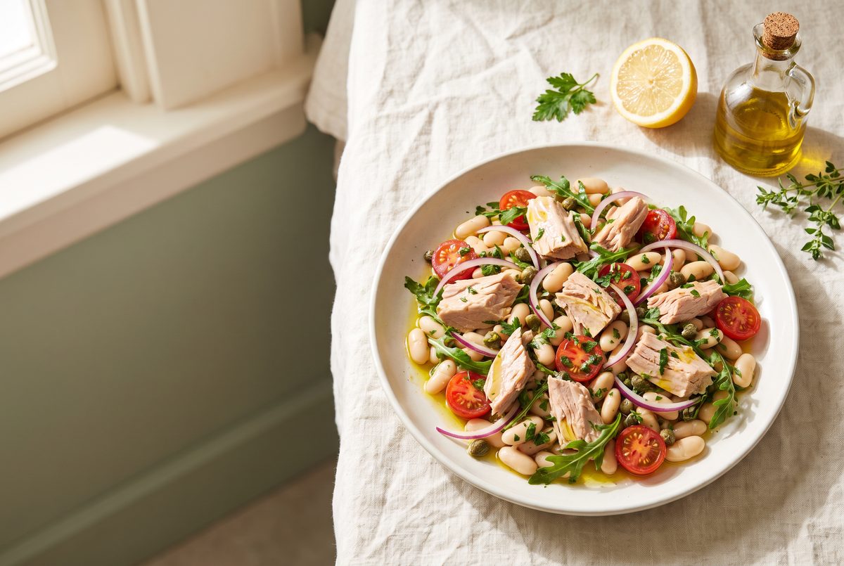 A close-up, overhead shot of a tuna and white bean salad with tomatoes, red onion, capers, and arugula, drizzled with olive oil, next to a lemon and herbs.