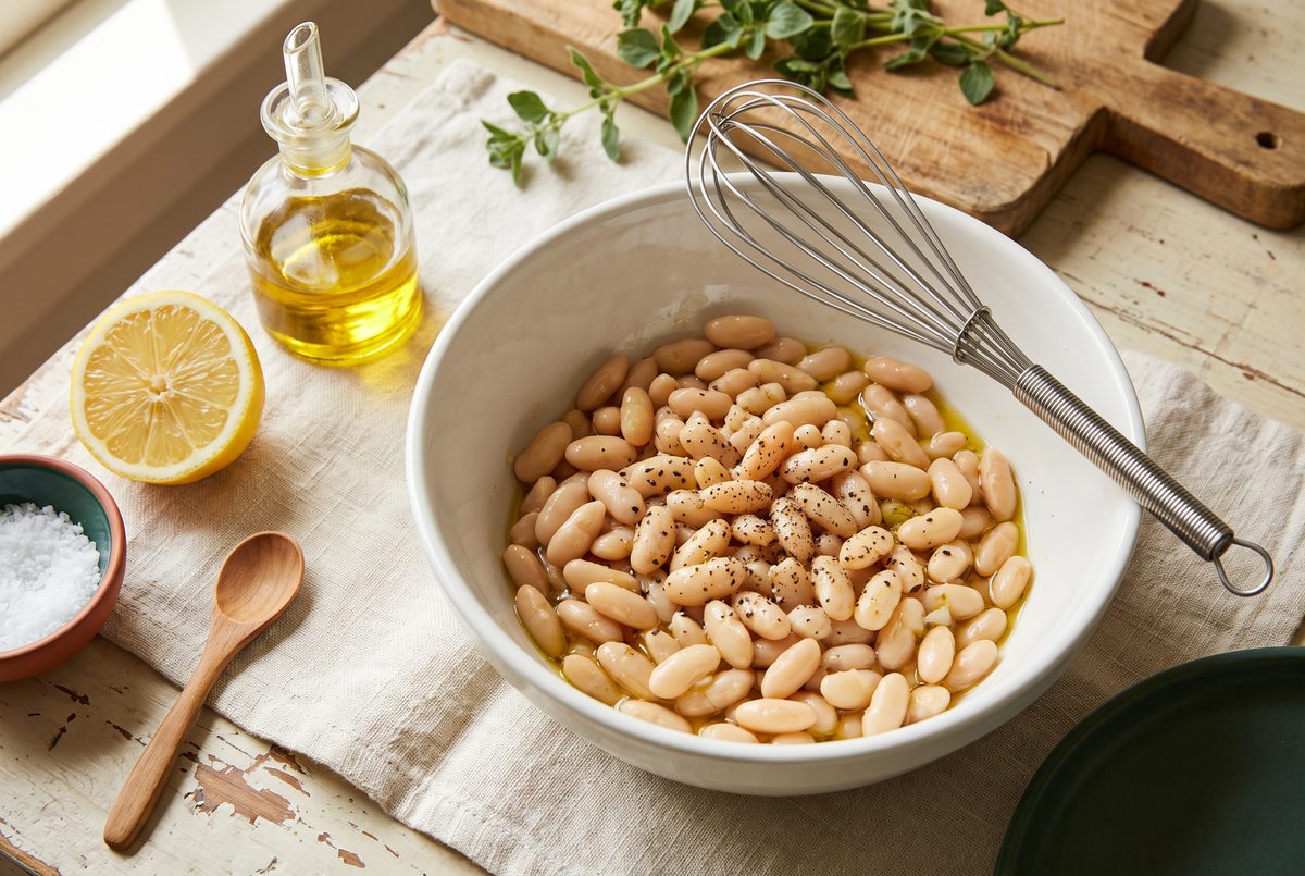 Cannellini beans tossed in olive oil and lemon dressing in a bowl