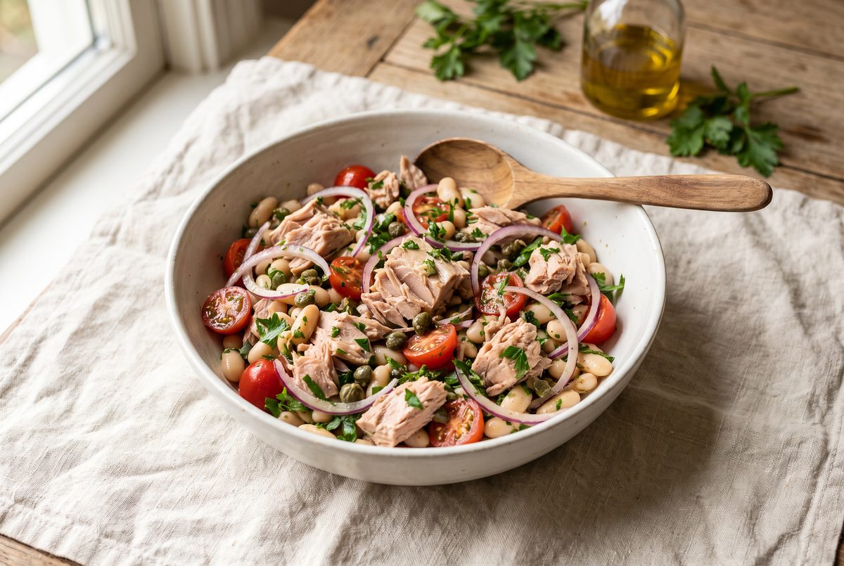 Flaked tuna, red onion, cherry tomatoes and capers folded into the beans