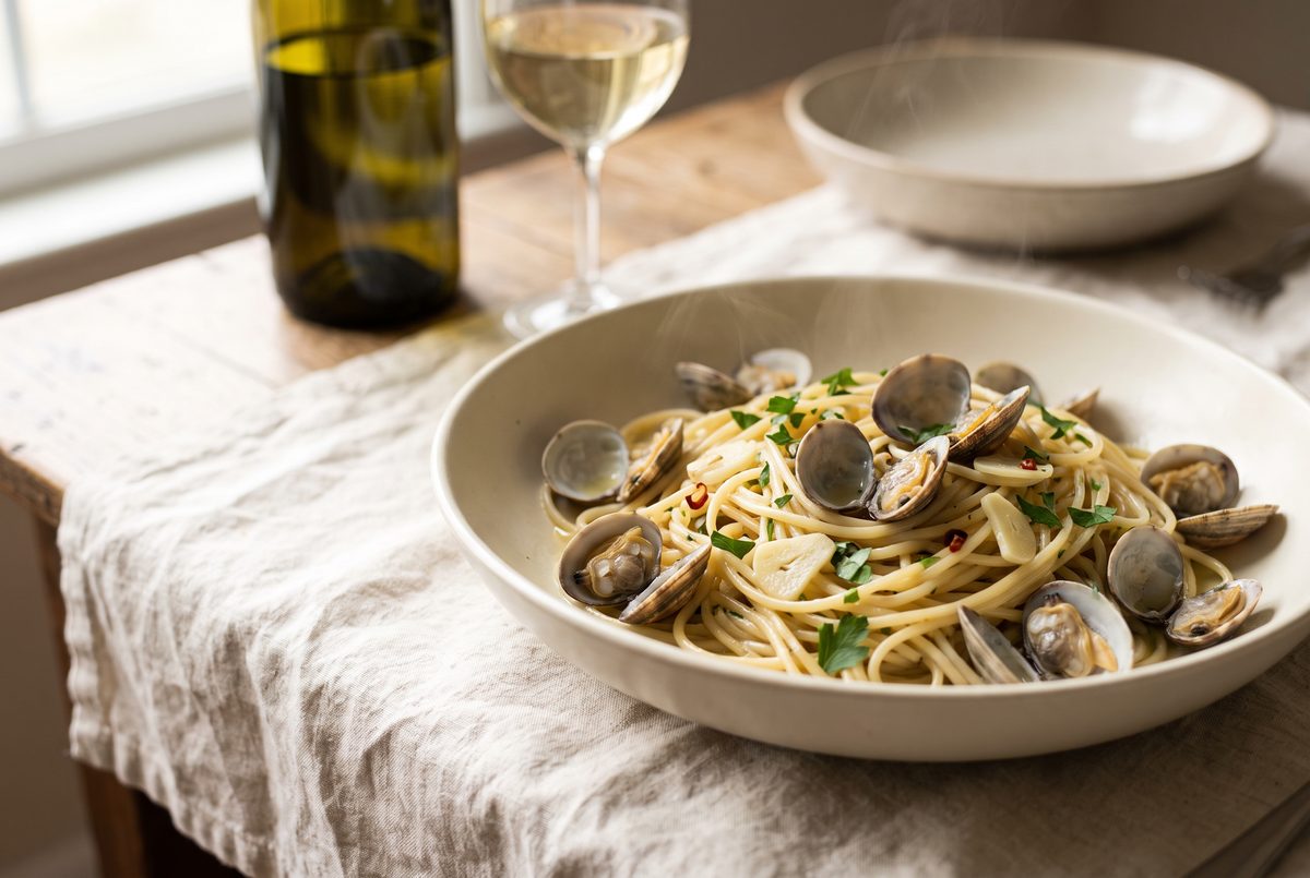 A bowl of spaghetti alle vongole with clams, garlic, and parsley on a rustic wooden table next to a glass of white wine.