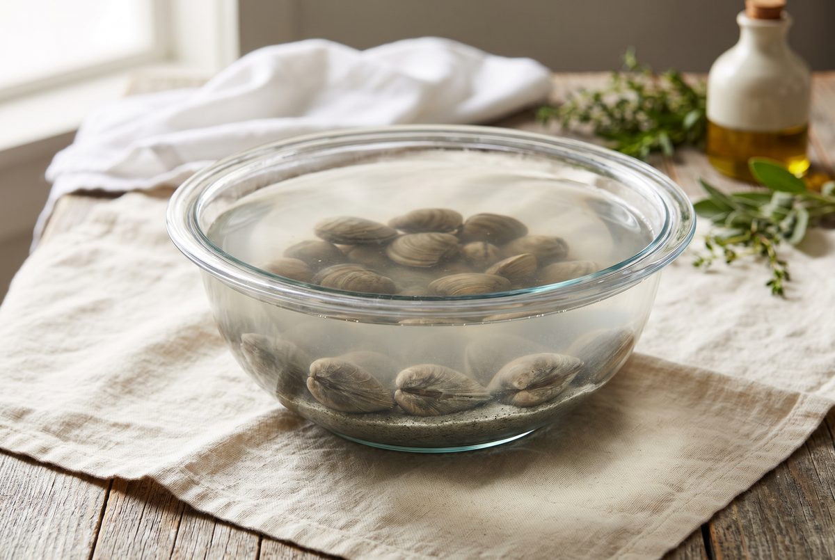 Littleneck clams sitting in a wide bowl of cloudy salted water with a layer of grey sand settled on the bottom