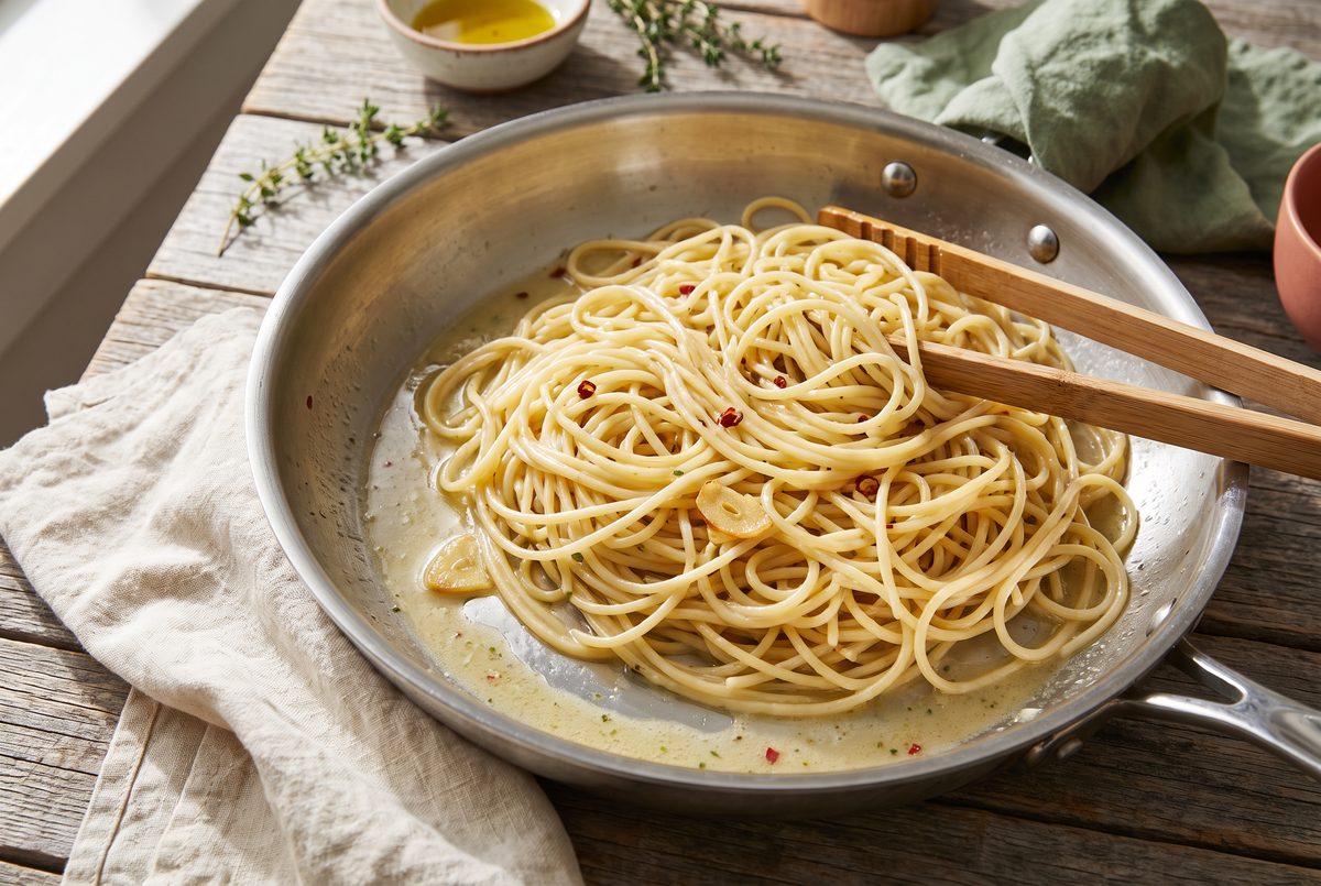 Spaghetti glossy with pale clam liquor in a shallow stainless-steel pan, sauce clinging to the strands